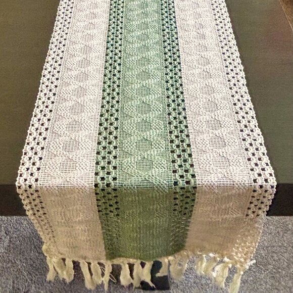 2 Styles Farmhouse Cottage Sage Green Beige Blue Woven Tasseled 72" Table Runner - Picture 4 of 10